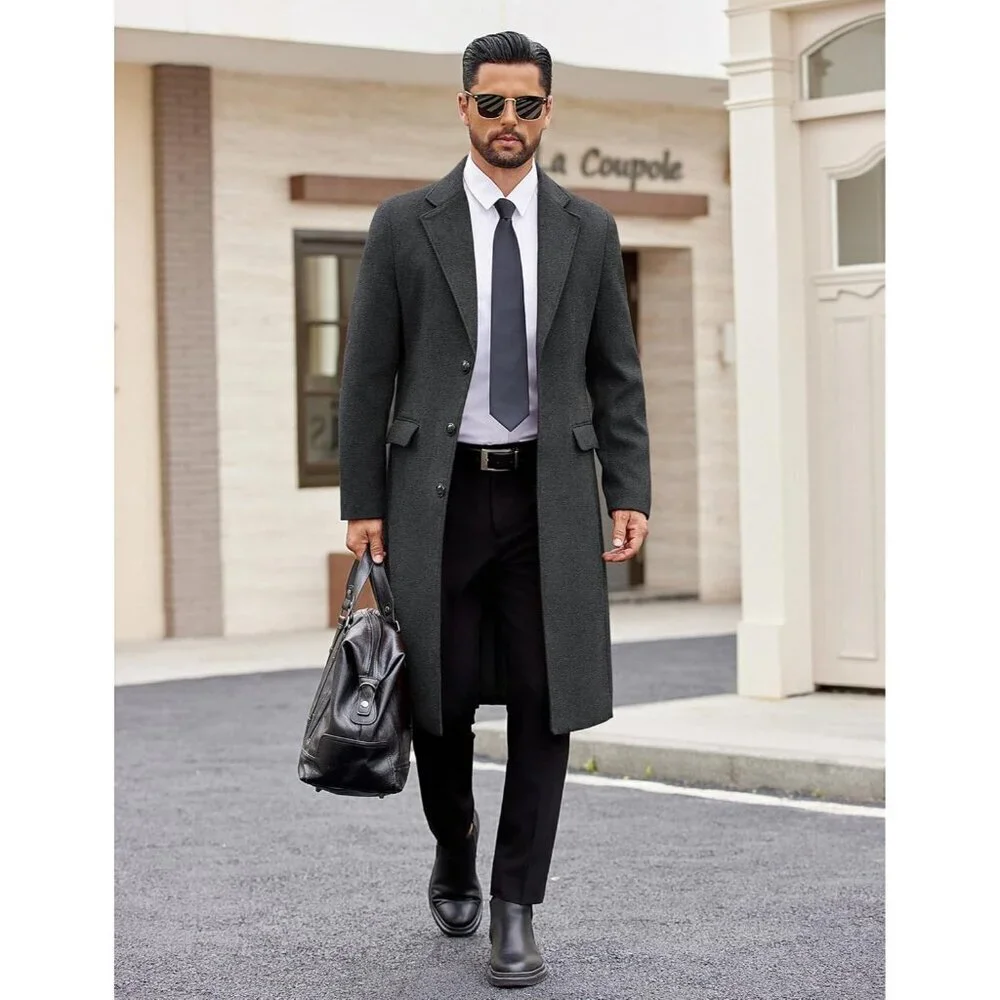 Men's Dark Grey Trench Coat Long Casual Notched Collar Wool Blend Pea coat